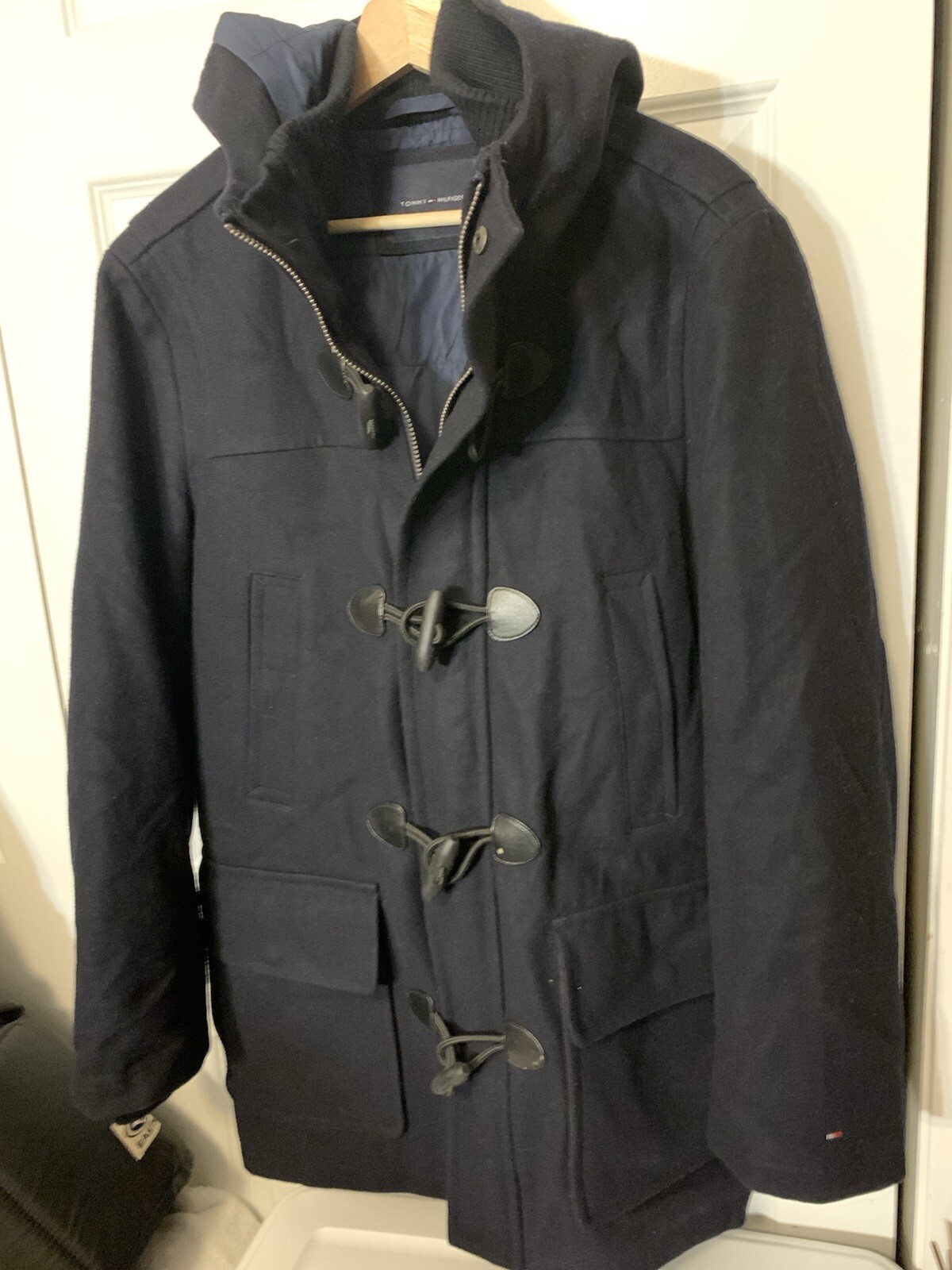 Vintage 90s Tommy Hilfiger Wool Navy Blue Toggle Duffle Coat Hooded Rare Sz S image 8