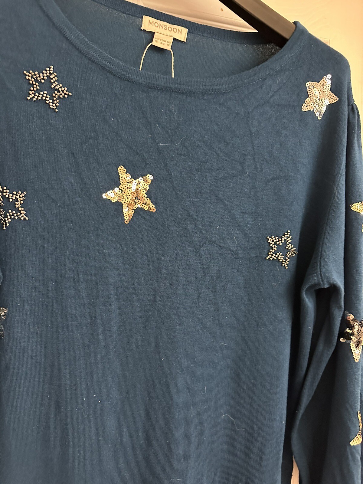 Monsoon midi teal green knitted jumper dress uk 16/18 sequin stars eBay