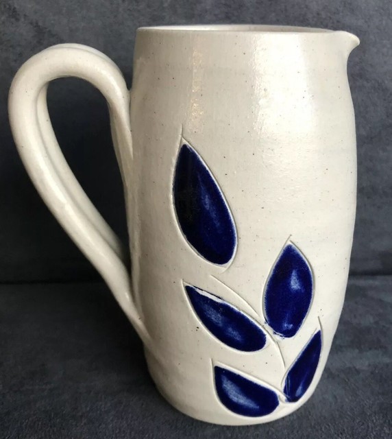 Williamsburg, VA Pottery, Pitcher With Cobalt Blue Leaf Accents, 5