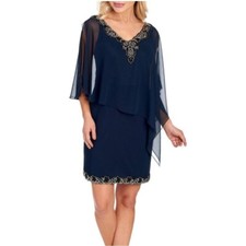 J Kara Beaded Chiffon Poncho Capelet Sheath Dress Womens 8 Blue Wedding Guest