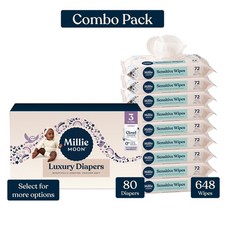 Millie Moon Luxury Diapers, Size 3, 80 Count, and Millie Moon Sensitive Baby Wip