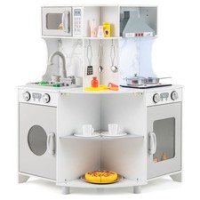 Corner Wooden Play Kitchen Kids Kitchen Playset w/ Microwave Range Hood Gift