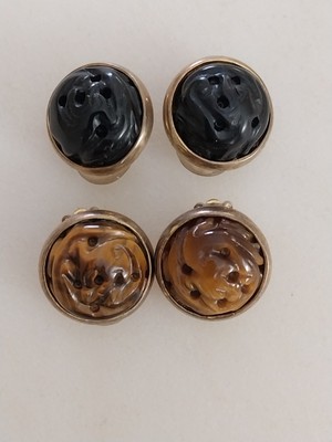 Carved Onyx & Carved Tiger Eye Gold Filled Sterling Clip-on Earrings 2 Pair