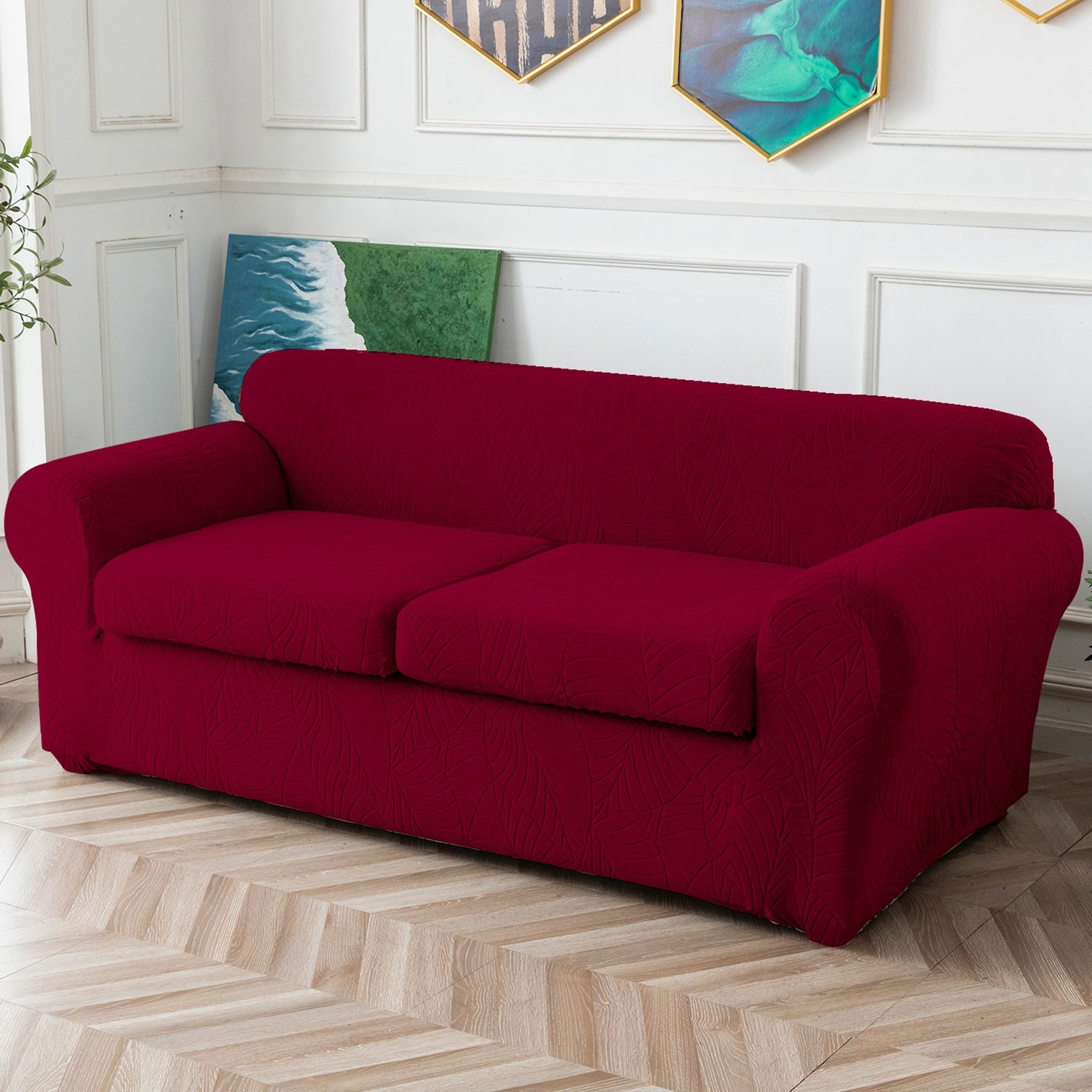 Waterproof non-slip leaf jacquard stretch sofa cover with cu
