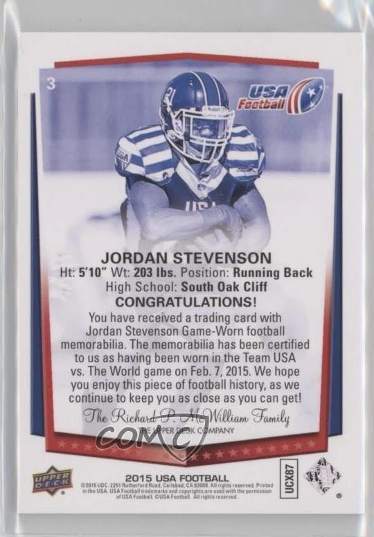 2015 Upper Deck USA Football USA U-19 Future Swatch Jordan Stevenson #3 - Image 2 of 2