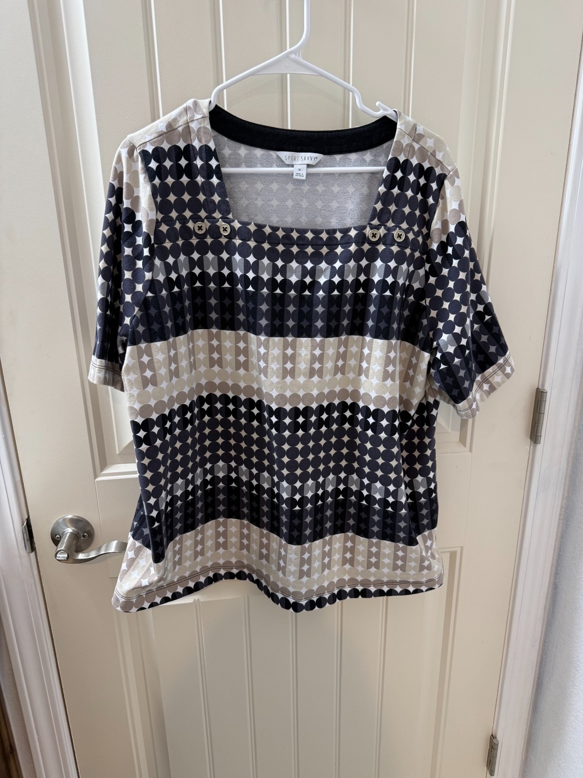Sport Savvy French Terry Square Neck Printed Top w/ Button Det Black X-Large