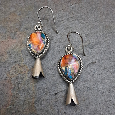 Spiny Oyster Turquoise Earrings Sterling Silver Squash Blossom Dangle