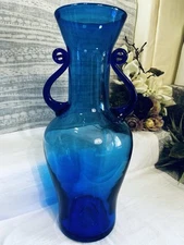 BLENKO Cobalt Blue Large 14”  Vase Applied Handles # 9733 HTF W/ Same Color Hdls
