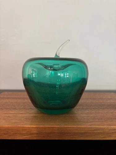 Blenko Teal Blue Green Glass Apple Paperweight Sculpture