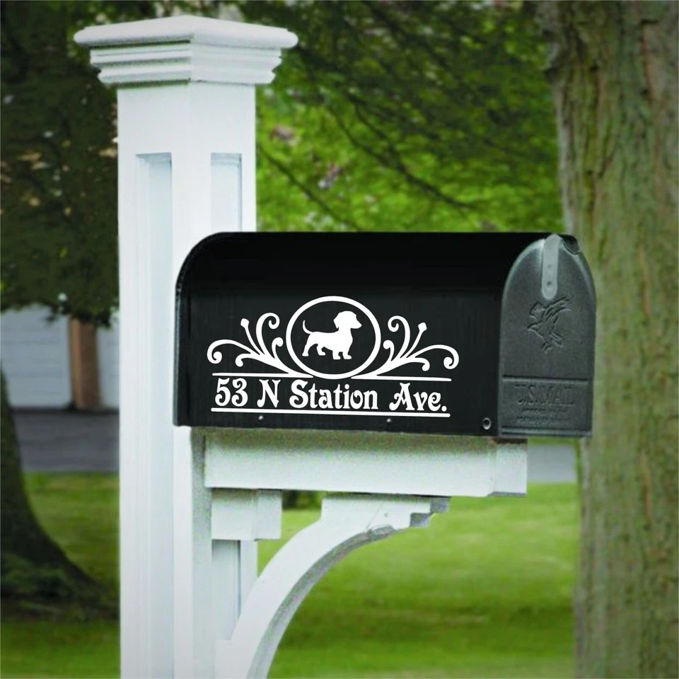 Juego de 2 calcomanías de vinilo Dachshund personalizadas con dirección para buzón Foto 2 de 4