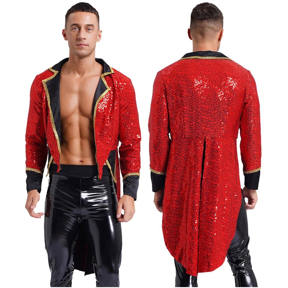 DE Herren Zirkusdirektor Kostüme Pailletten Jacke Mantel Festlich Gothic Frack - Bild 2 von 4