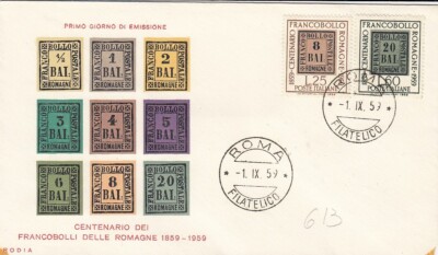 1/9/1959- 1 FDC ''100° BRIEFMARKEN DER ROMAGNA'' (L613)