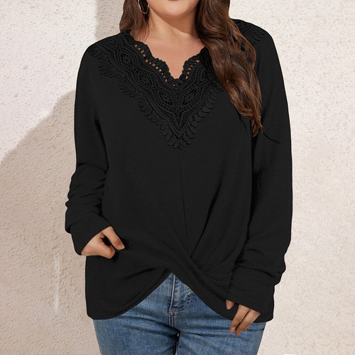PLUS SIZE ⭐Women V-Neck Lace Tops Casual Loose Blouse Long Sleeve Shirt Pullover - Picture 12 of 22