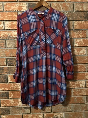 Miami Tunic Dress Maroon Plaid Rayon Fall Size M