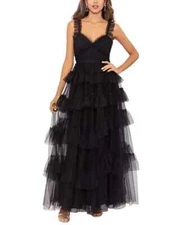 Betsy & Adam Black Tiered Tulle Ruffle Gown Size 12 $299