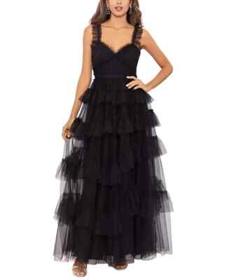 Betsy & Adam Black Tiered Tulle Ruffle Gown Size 12 $299