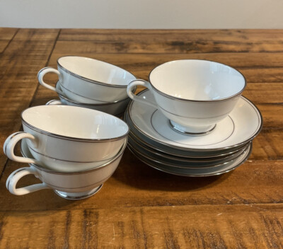 Lot of 5 Vintage Noritake Whitehall 4108 White With Platinum Cups and Saucers.
