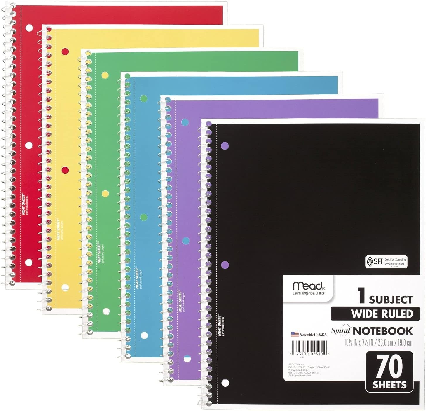 Colorful Mead Spiral Notebooks - 6 Pack, Wide Ruled, Perfect Size for School