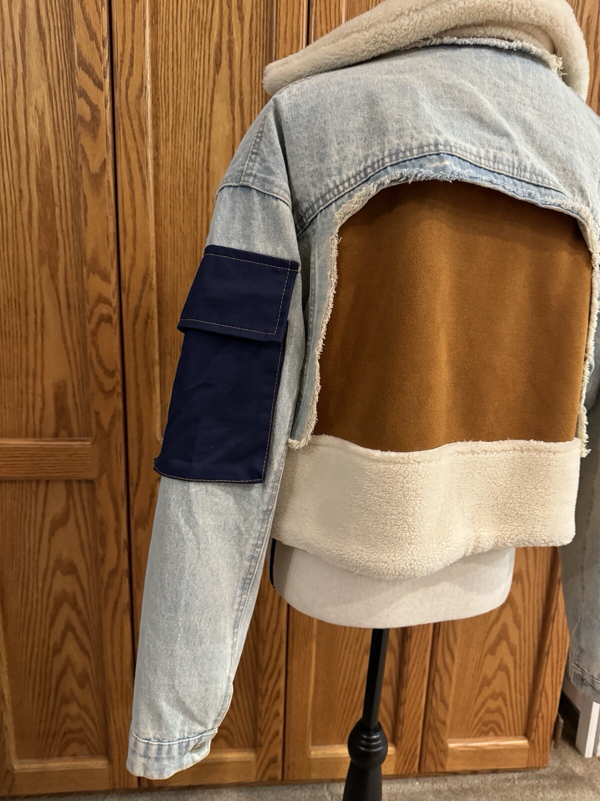 BIDA Denim Patchwork Jacket Large Vegan Sherpa Co… - image 12