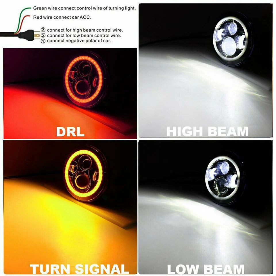 Pair 7 Inch Round LED Headlights Angle Eyes Halo Fit Jeep Wrangler JK LJ TJ CJ - Imagem 4 de 4