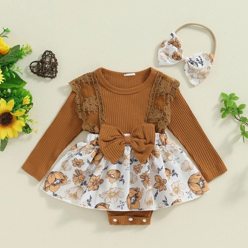 2PCS Baby Girl Clothes Romper Ribbed Floral Print Long Sleeve Romper Headband - Picture 7 of 27