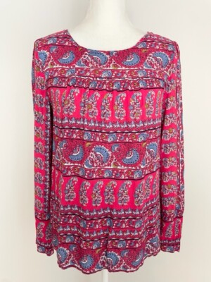 Ann Taylor Loft Womens Blouse Size M Pink Blue Floral Boat Neck Pleated Keyhole 