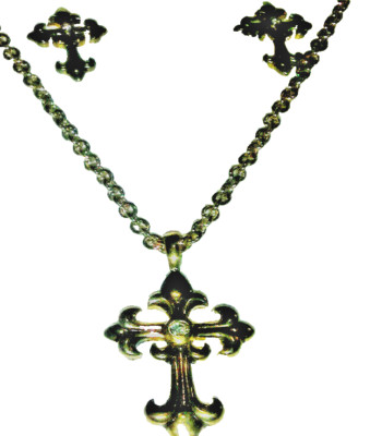 Cross Earring Necklace yellow gold 2 pc set antique pendant crystal Box fine New
