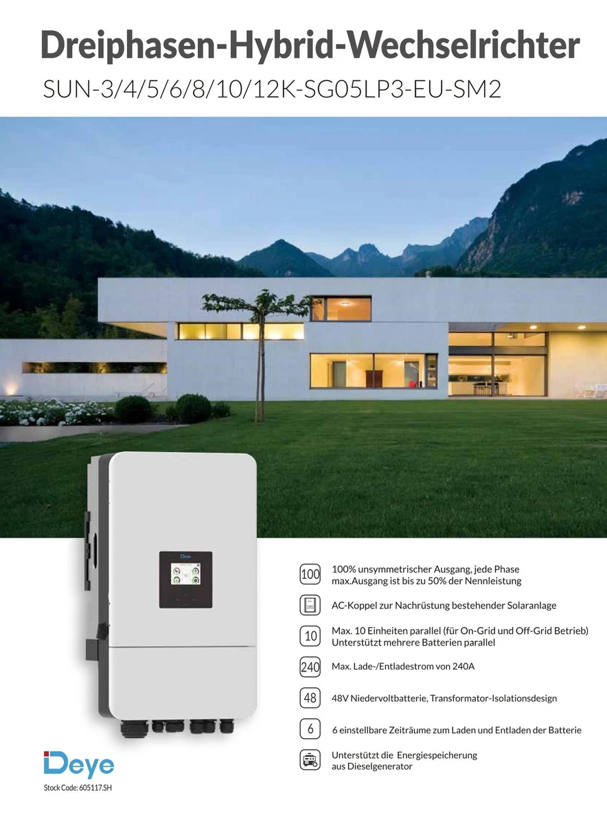 Deye SUN 12KW LP3 Hybrid Solar Wechselrichter 3Phasen 160-800V WIFI 51,2V Bat