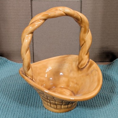 Vintage Atlantic Mold Ceramic Woven Basket Twisted Rope Handle Honey Gold Glaze