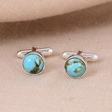 Men's Natural Kingman Turquoise Cufflink in Sterling Silver For Groomsmen Gift