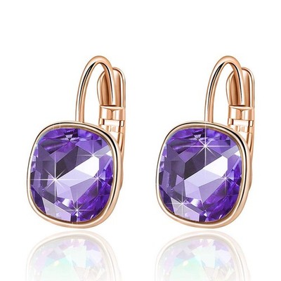 Austrian Crystal Square Cushion Drop Leverback Earrings for Women 14K Rose Gold