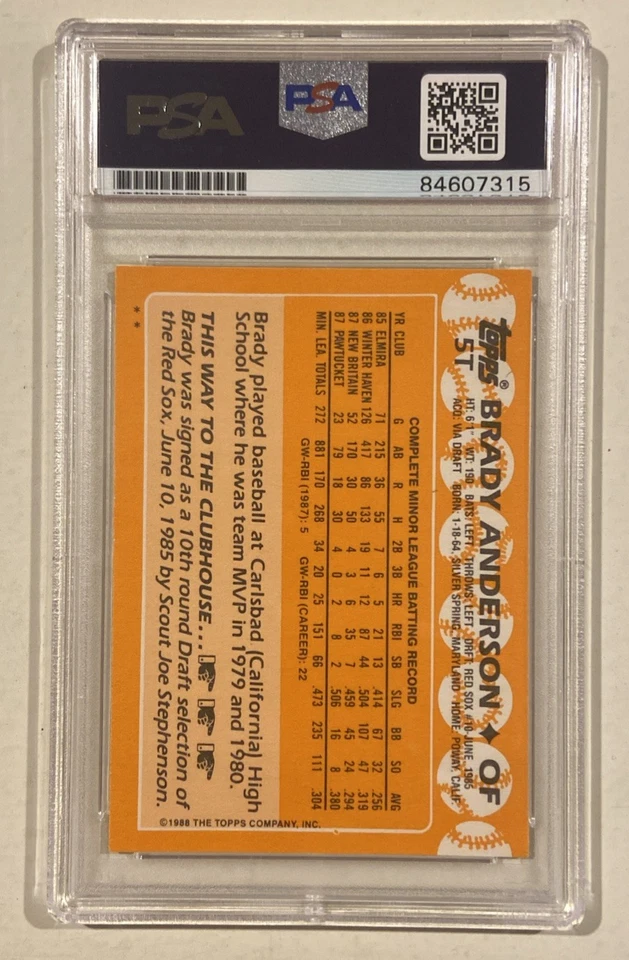 Tarjeta de béisbol de novato firmada por Brady Anderson Topps 1988 negociada con certificación PSA/DNA 9 Foto 2 de 4