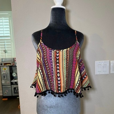 WET SEAL Vintage Boho Pom Pom Crop Tank Top Medium