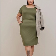 Torrid Dress Womens Size 0 Olive Rib Knit Short Sleeves Pockets Elastic Waist