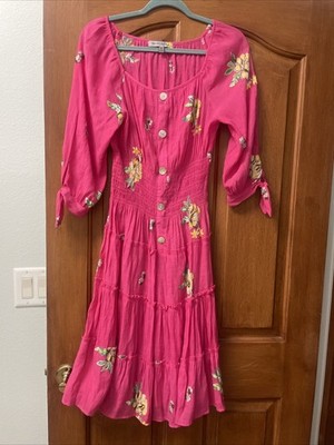 Anthropology figueroa flower dress pink medium embroidered Crewel Ale3624