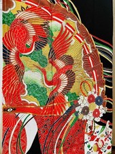 Black Silk Tomesode Kimono, Crane Fan Crest, Used, Traditional Style