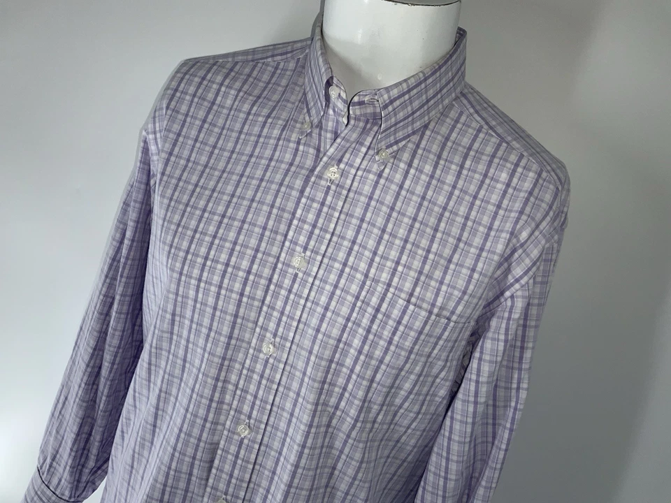 Savile Row Bespoke Dress Shirt Men 16 32 Purple White Plaid Cotton USA YGI Q5-92 - Image 3 of 4