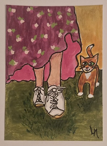 ACEO Original Painting Mom Walking with Orange Kitten Cat Backyard Jungle Art 