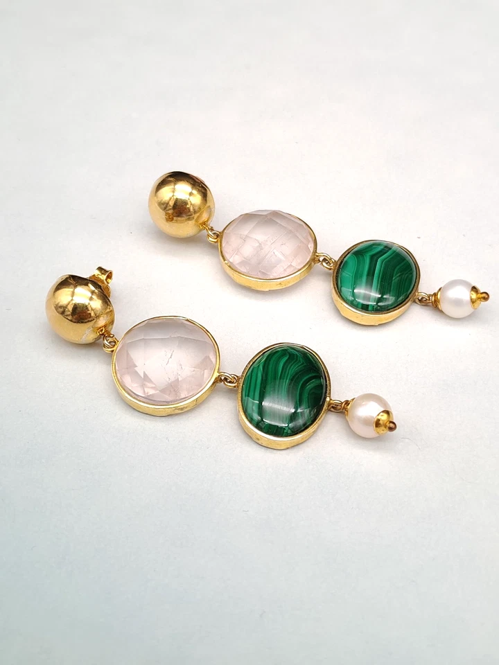 Orecchini donna malachite quarzo rosa perla arg. 925 plac oro fatti in Italia - Immagine 3 di 4