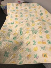 1958 SOFT COTTON BABY CRIB QUILT with ANIMALS BIRDS BLOCKS  TRAIN 32" X 46"