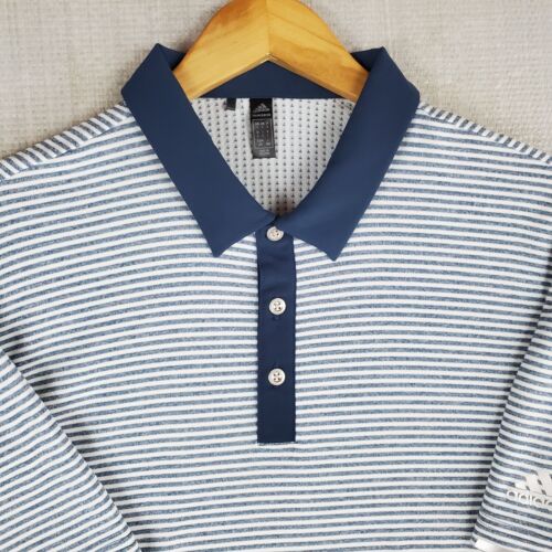 ADIDAS PRIMEGREEN Size Large White/Blue Heather Striped Mens Polo Shirt Golf