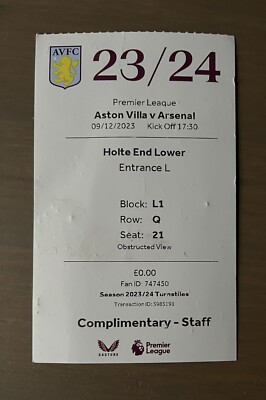 Aston Villa v Arsenal Ticket Stub Premier League Sat 9th December 2023 9/12/23