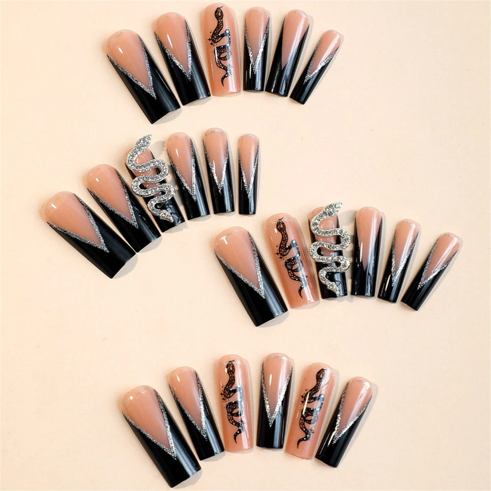 3D Snake Fake Nail Long Square Rhinestone False Nail Black Edge French Tips - Image 2 of 4