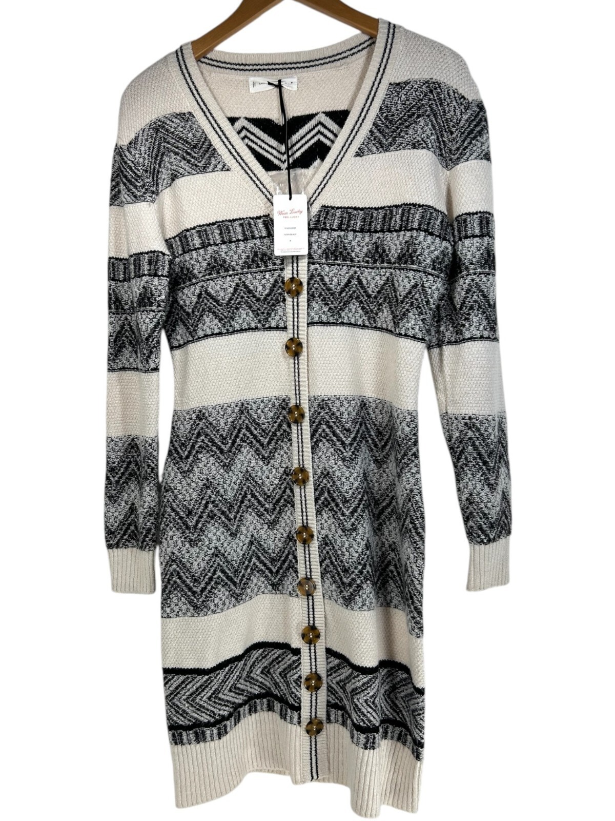 Lucky Brand Boho Geo Print Midi Sweater Dress Button Down Colorblock Winter Sz M