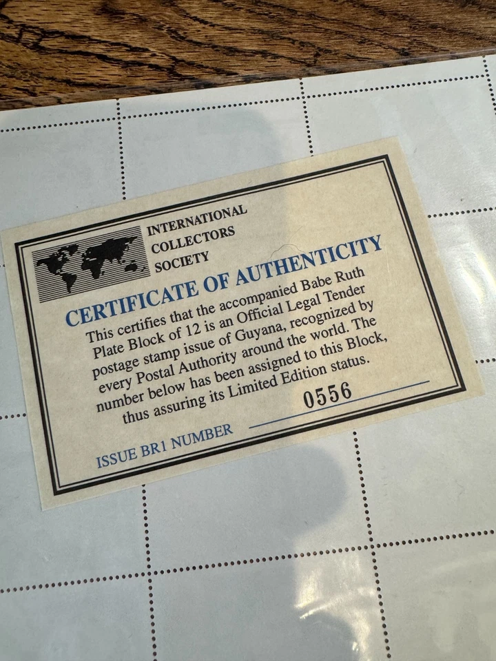 Babe Ruth Guyana Uncut Sheet 12 Stamps - 100th Anniversary of Birth - w COA - Image 2 of 2