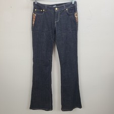 Cache Boot Cut Jeans Women 4 Black Denim Dark Wash Gold Sequin Zip Stretch Low