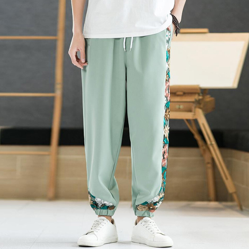 Men's Floral Embroidered Tapered Joggers with Elastic Waist & Cuffed Hem