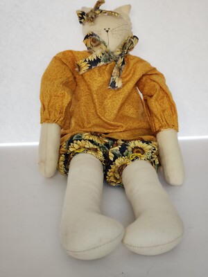 Kitty Cat Cotton Cloth Rag Doll Yellow & Gold Sunflowers Outfit Autumn Fall