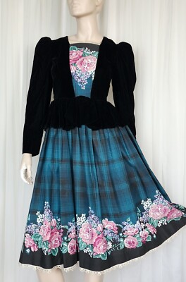 navy blue dress for baby girl Vtg 80s 90s Daisy Kingdom Velvet Tartan Plaid Floral Holiday Dress XS/S