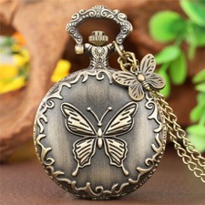 Bronze Full Hunter Butterfly Case Men Women Quartz Analog Pocket Watch Chain
